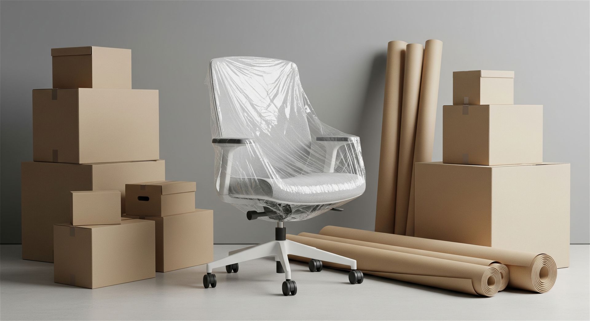Chaise de bureau emballée dans du plastique, entourée de cartons et de tapis roulés dans un espace en mouvement