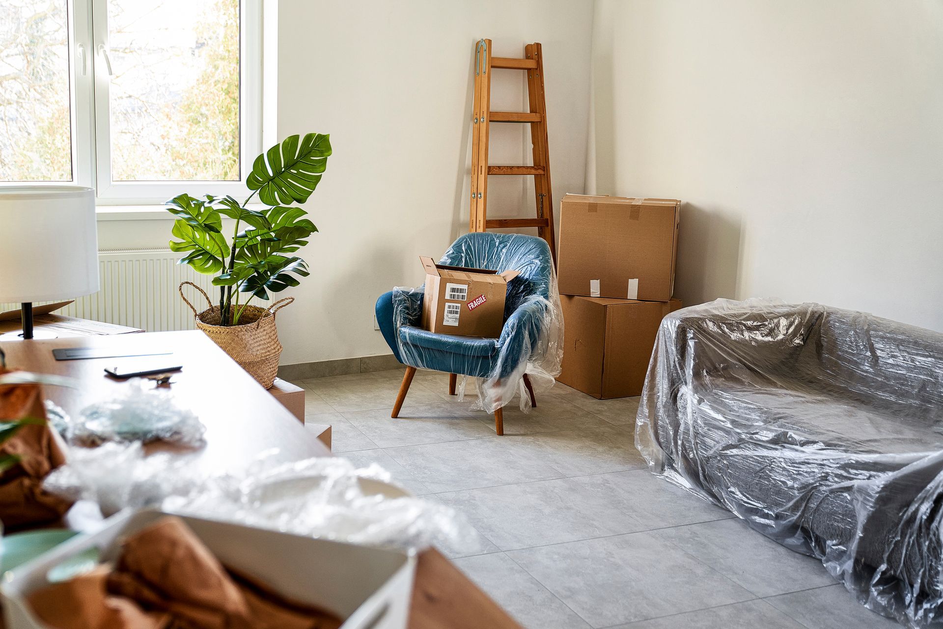 Pièce lumineuse avec des cartons déballés, une échelle, une chaise bleue, une plante et un canapé emballé dans du plastique