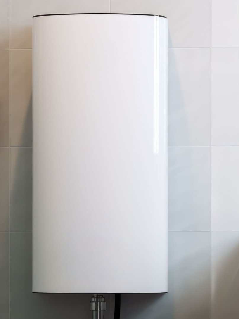 Chauffe-eau instantané blanc mural sur un mur carrelé