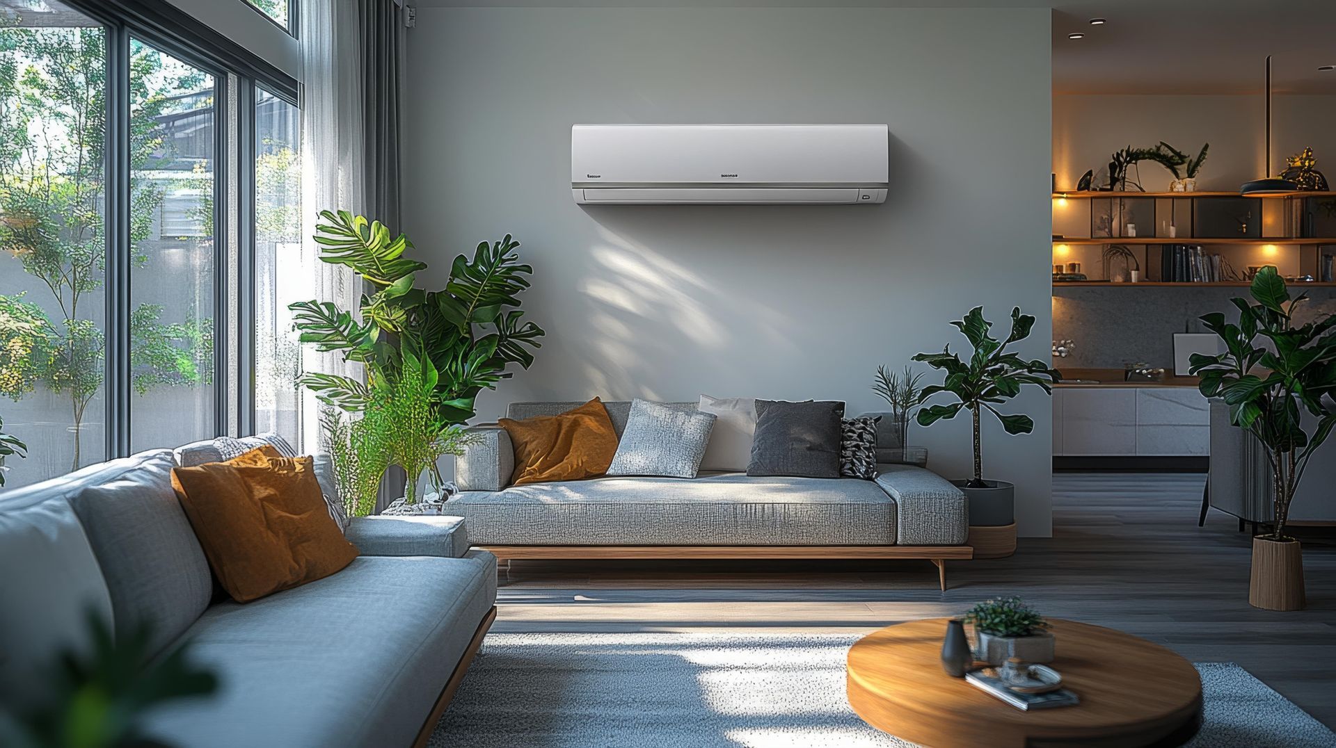 Salon moderne avec canapé gris, plantes, climatisation murale et lumière naturelle grâce à de grandes fenêtres.