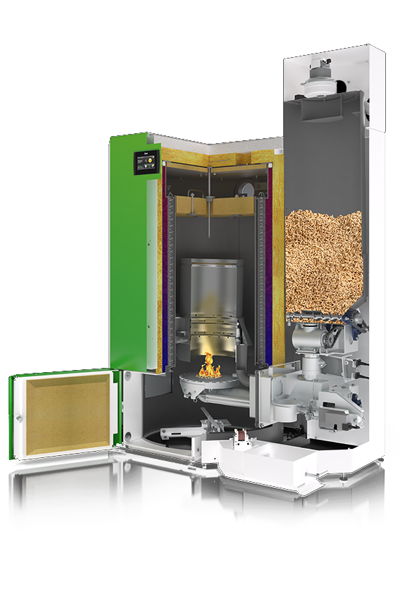 Vue en coupe d'une chaudière à granulés avec un panneau vert. Elle montre la trémie à combustible, la chambre de combustion et les composants internes.