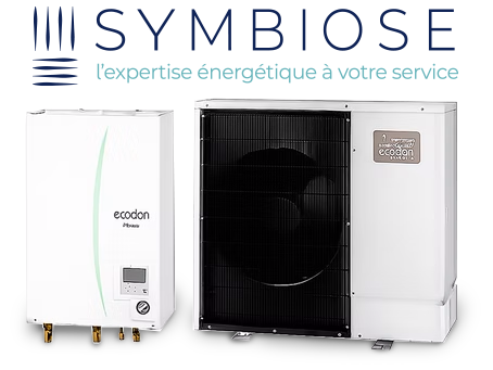 Deux unités de pompe à chaleur blanches étiquetées.