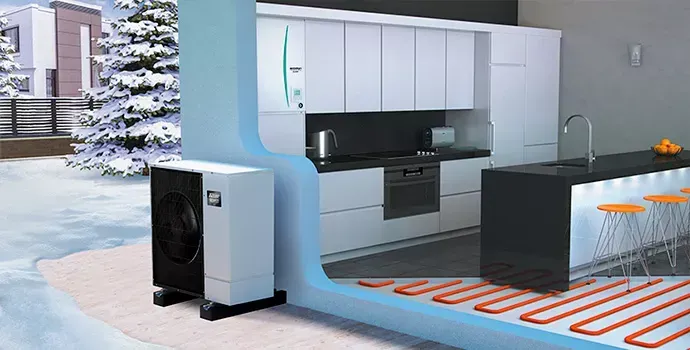 Maison vue en coupe du raccordement d'appareils reliés à une PAC air-eau