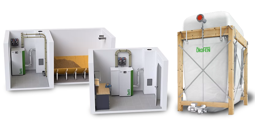 Trois vues d'un système de chauffage à granulés blanc et fermé, et d'un réservoir d'eau, montrant ses composants.