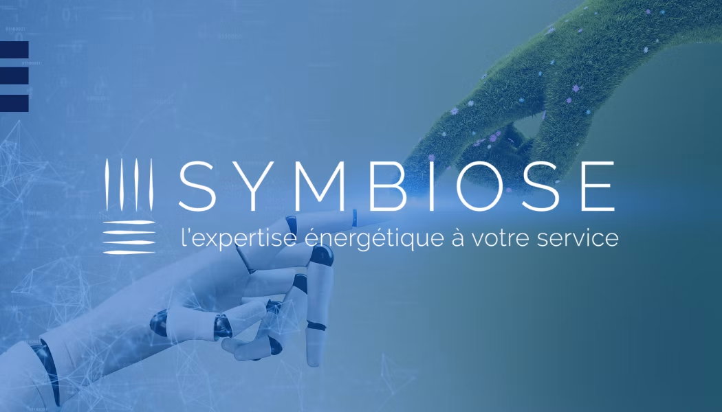 Logo de Symbiose, expert en énergie. Une main robotique et une main humaine se frôlent presque, sur un fond bleu dégradé.
