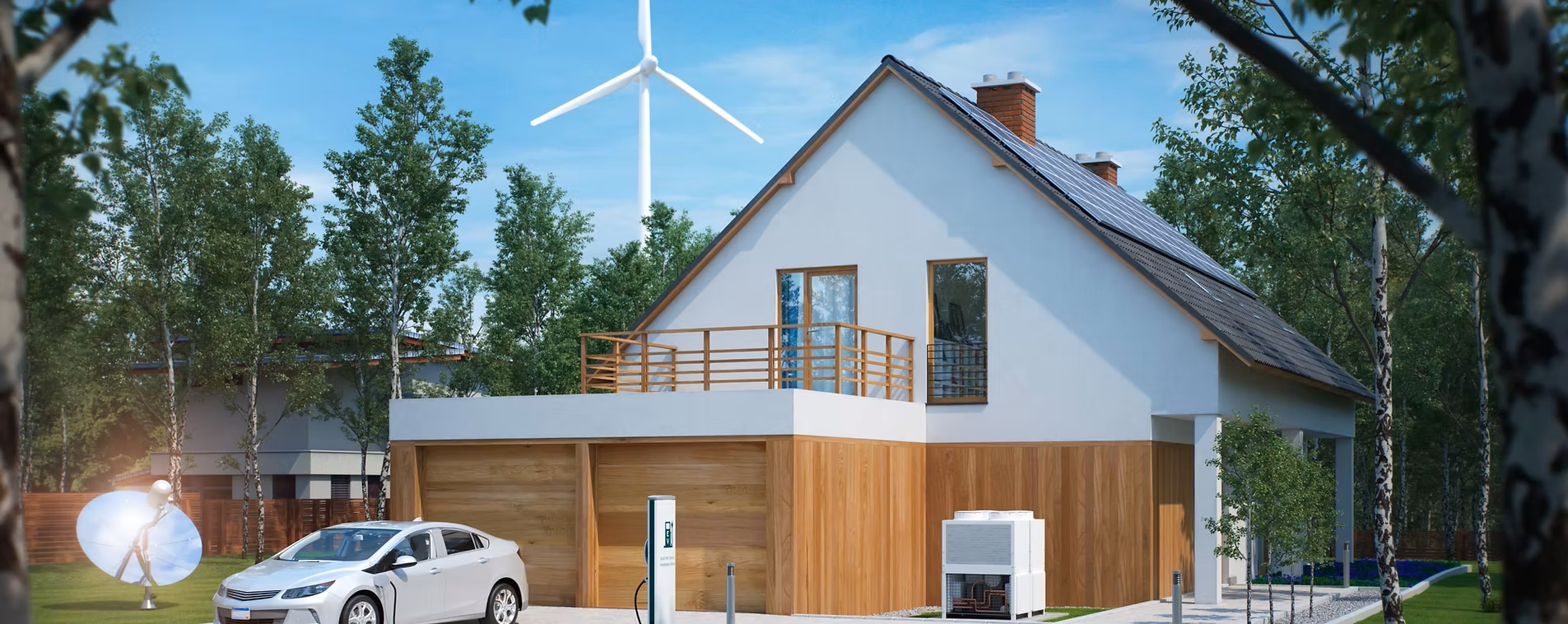 Une maison moderne équipée d'une éolienne, de panneaux solaires et d'une voiture électrique, promouvant les énergies durables.