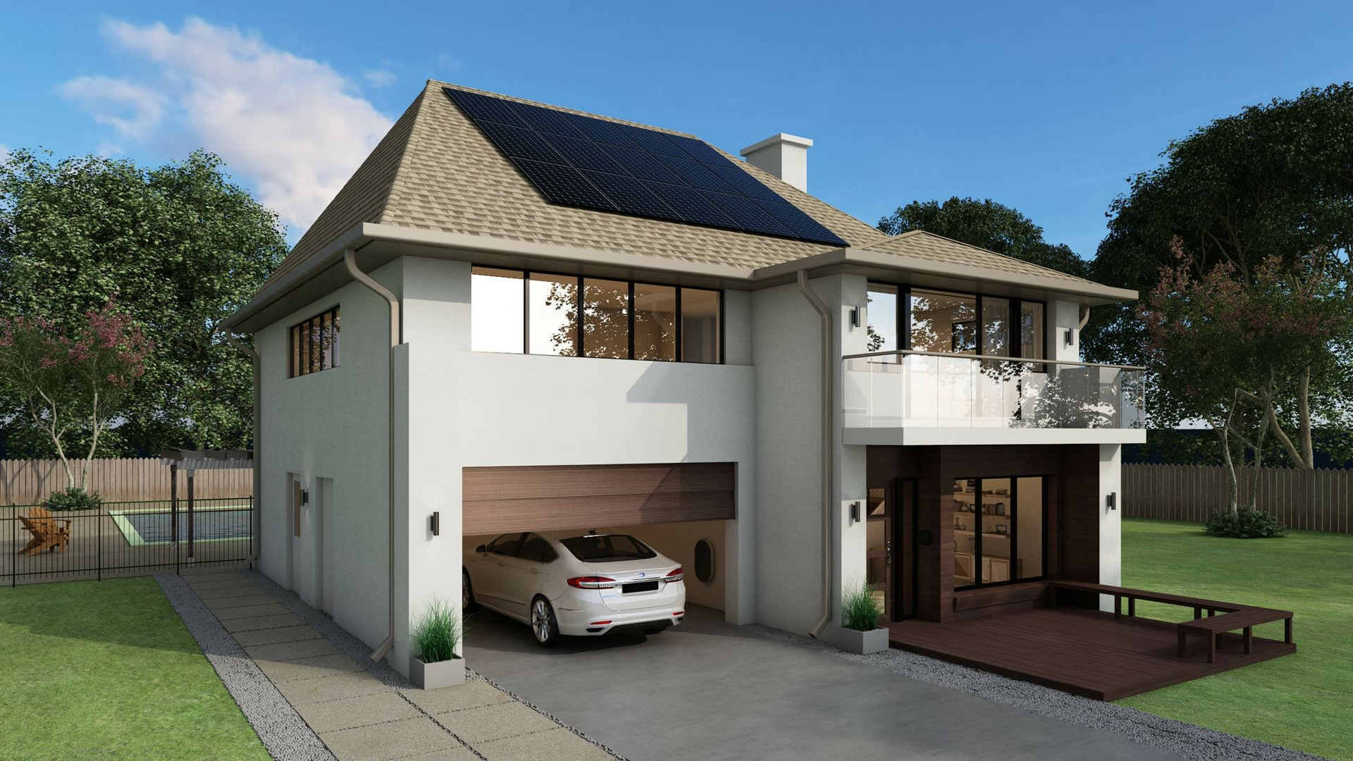 Maison moderne à deux étages avec garage, panneaux solaires sur le toit et terrasse en bois.