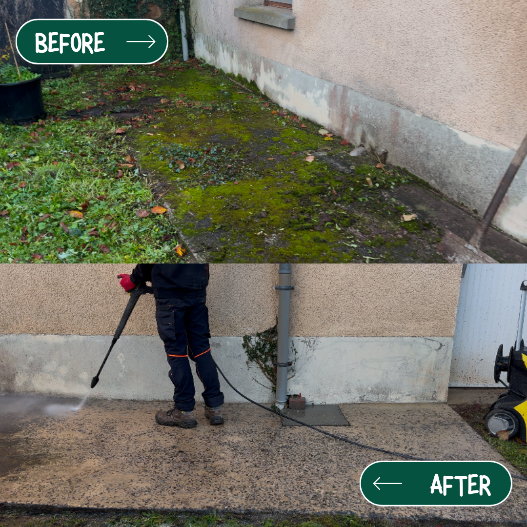 Deux photos : un jardin en haut et un homme qui nettoie un trottoir en bas