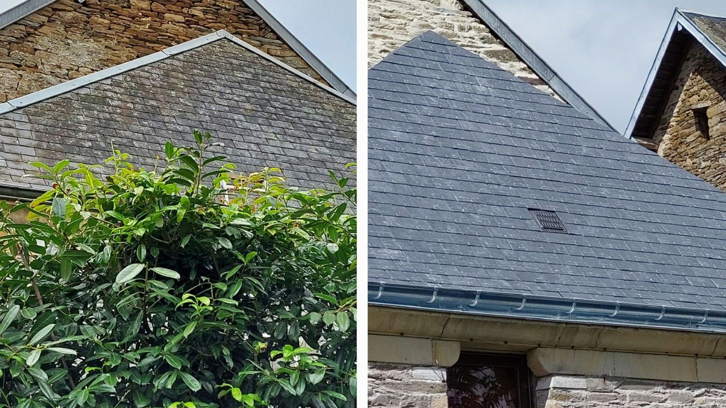 Avant/après retrait de mousses sur un toit