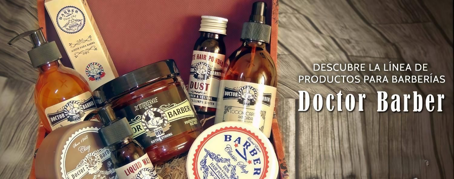 Surtido de productos Doctor Barber, incluyendo lociones, aceites y jabones. Colocados sobre una superficie de madera.