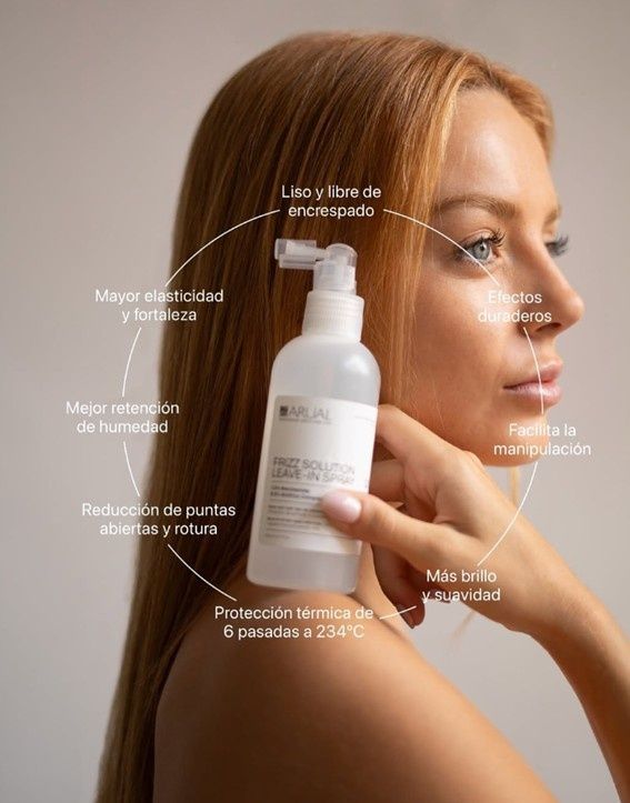 Mujer sosteniendo un producto para el cabello, con etiquetas de texto que resaltan beneficios