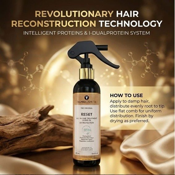 Botella de spray para reconstrucción capilar con instrucciones de uso; fondo marrón.