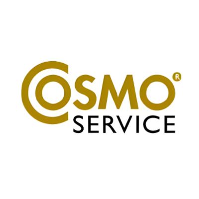 Logotipo de Cosmo Service en texto dorado y negro.