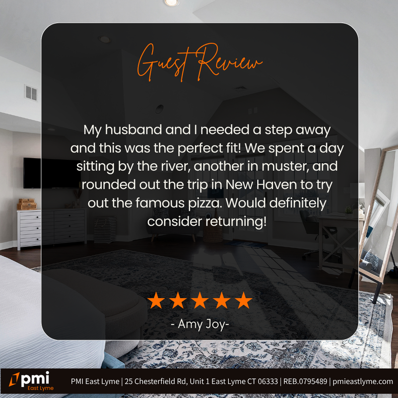 Guest review for a rental, featuring a bedroom photo. Includes text review, 5-star rating, and name 