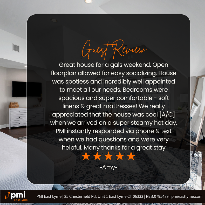 Guest review: home for gals' weekend. Open floorplan, spotless, well appointed, cool A/C, helpful PMI. 5-star review by Amy.