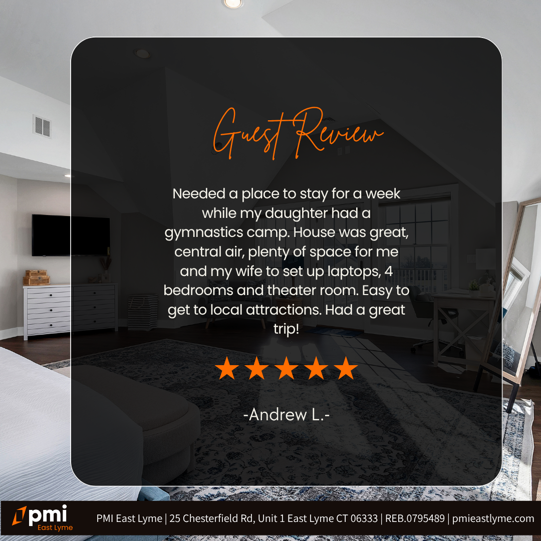Guest review about a house: spacious, central air, local attractions, four bedrooms, theater room, five stars.