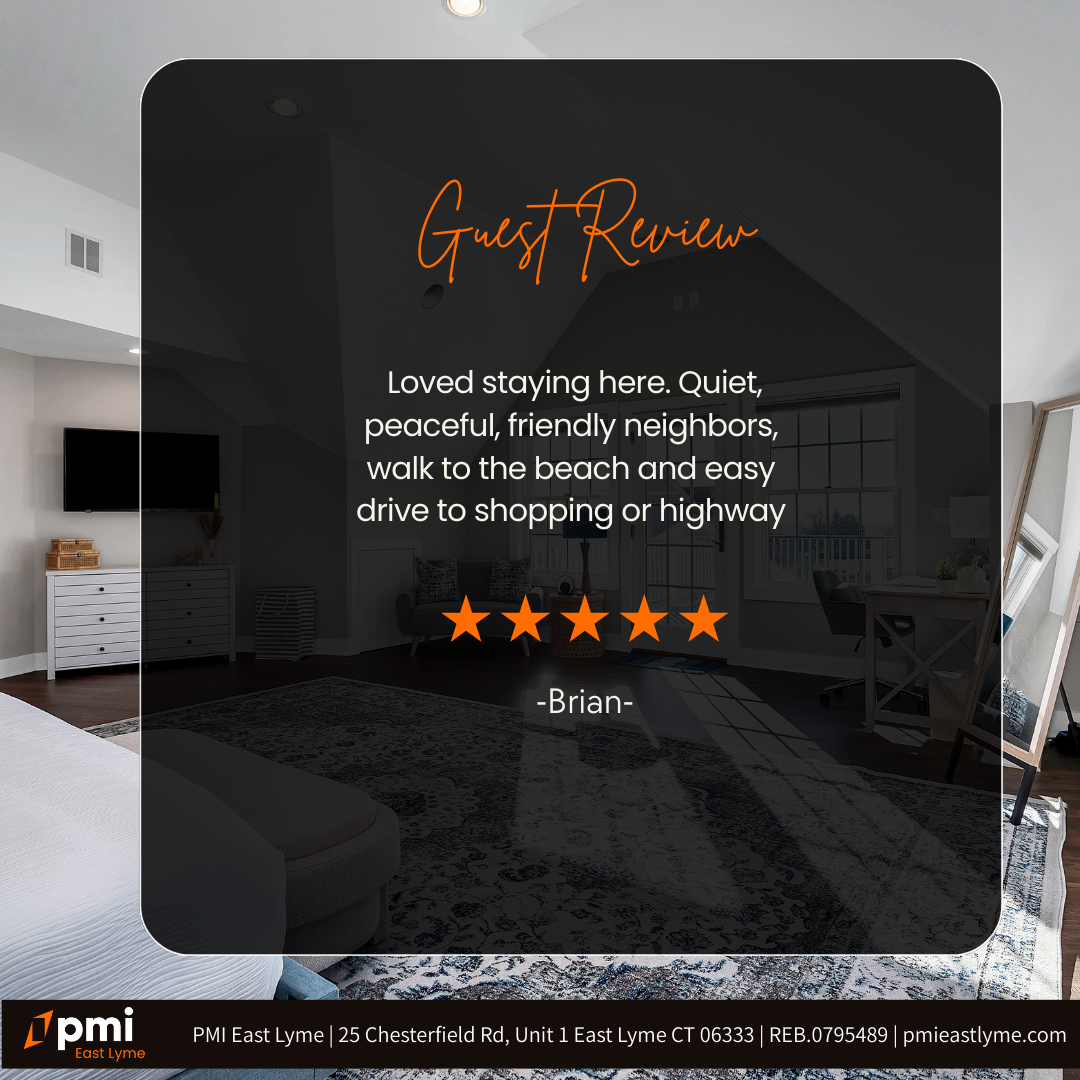 Guest review displayed over a blurred bedroom. The review praises the quiet, peaceful, and friendly neighborhood.