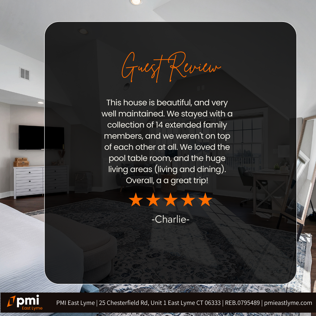 Guest review overlayed on a room photo. The review praises the house for a family of 14 with 5-star rating.