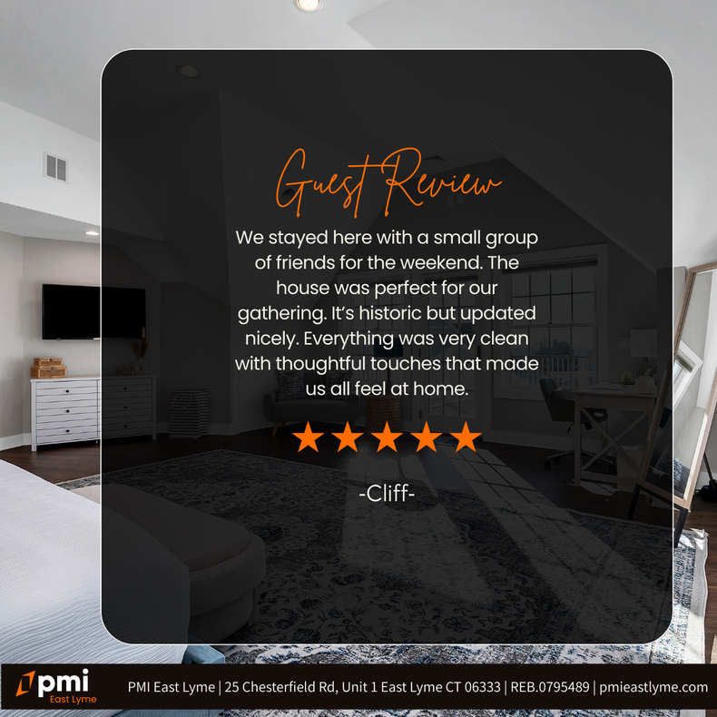 Guest review overlaid on a bedroom: Five-star review, praising a clean, historic house with thoughtful touches.