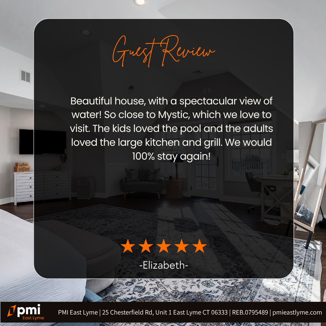 Guest review: bedroom with a text overlay. Text praises a house with a water view near Mystic, CT. Five-star rating.