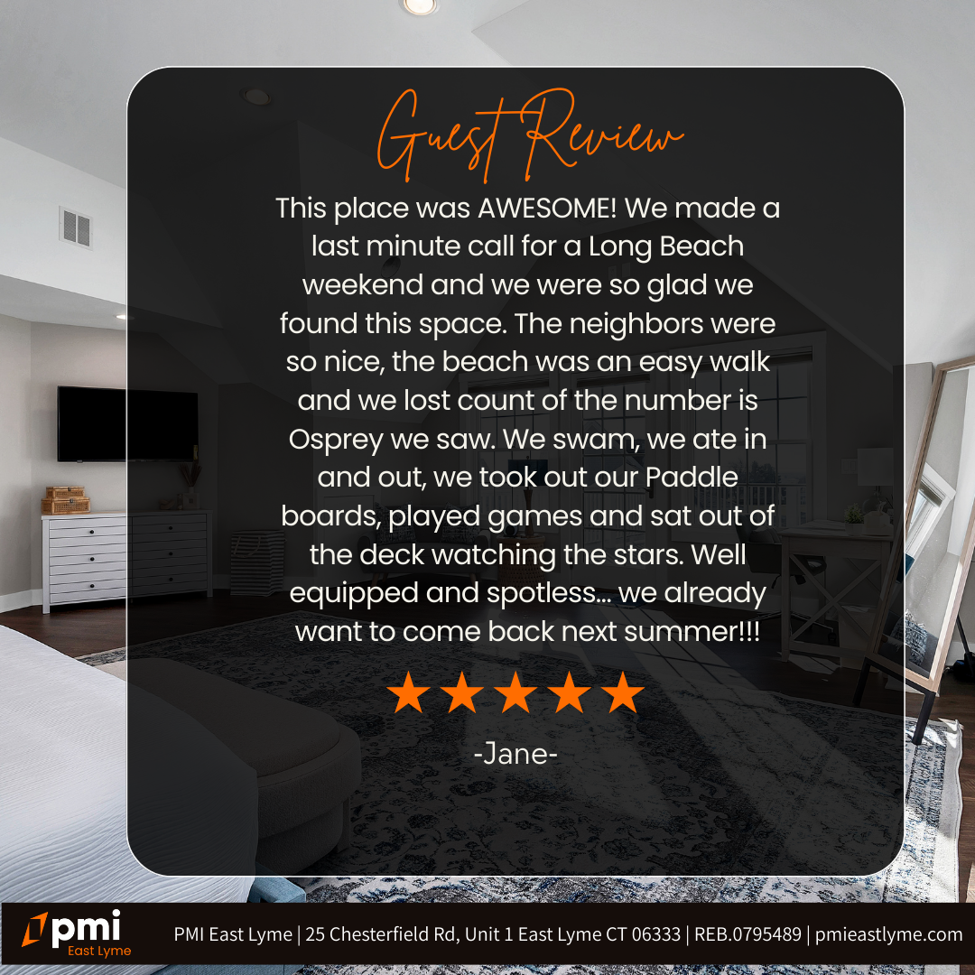 Guest review for a rental property: Text on black square over a bedroom interior. Stars: 5/5.