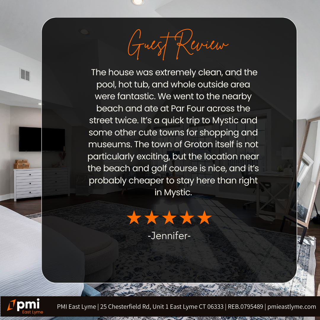 Guest review: a clean house with great amenities, near beaches, Mystic, and shopping. 5-star review by Jennifer.