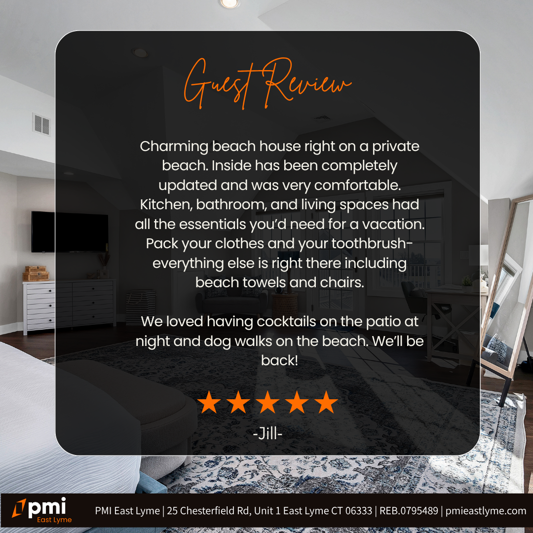 Guest review of a beach house. Text overlay on an interior photo with 5-star rating.
