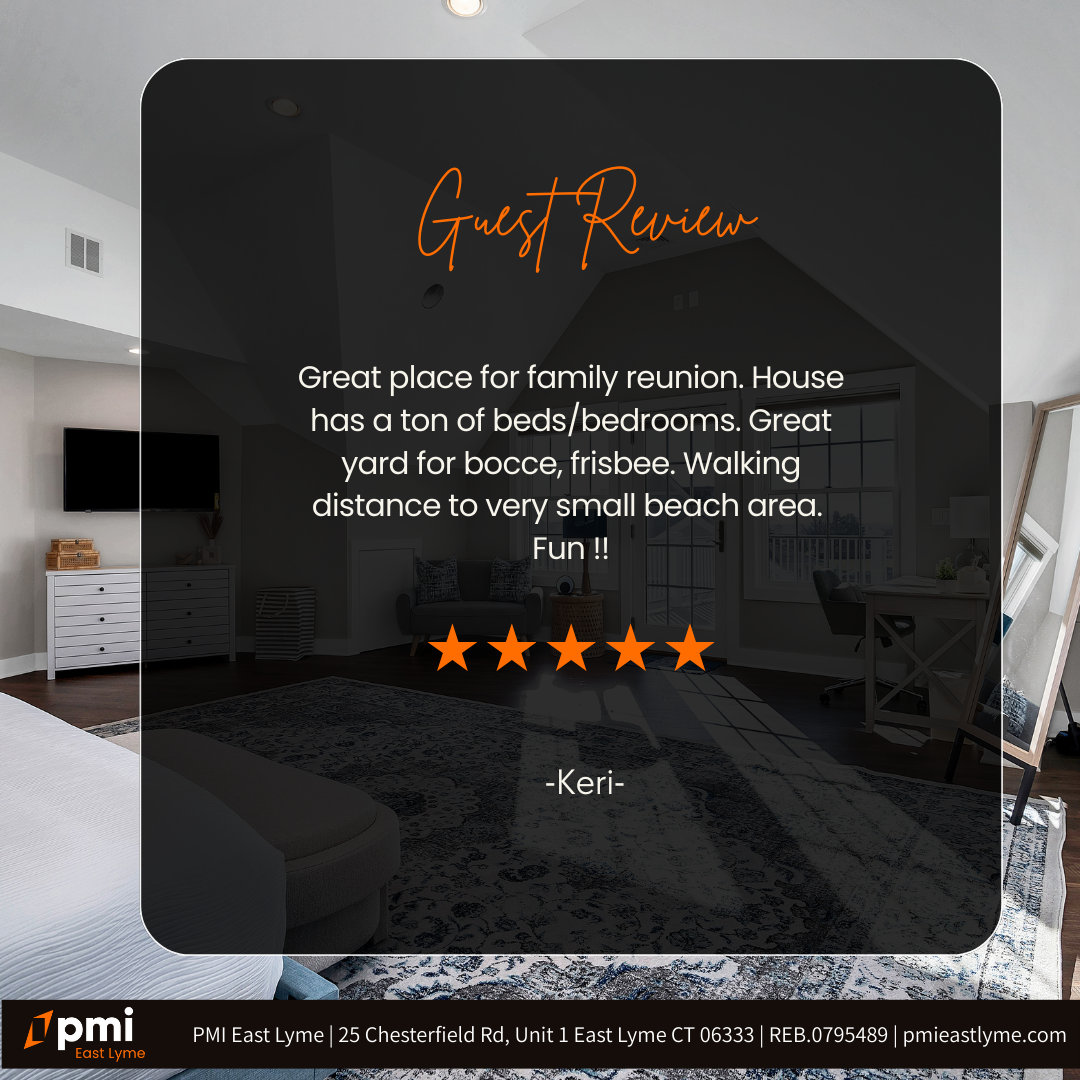Guest review in a square overlay on a bedroom. Text says, 