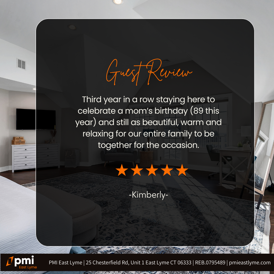 Guest review: celebrating mom's birthday. Five-star rating from Kimberly; interior bedroom shot.