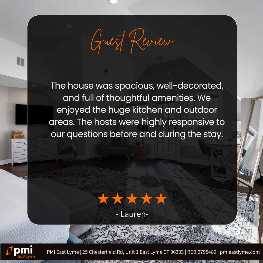 Guest review with a photo of a bedroom: Spacious, well-decorated house with thoughtful amenities. 5-star review from Lauren.