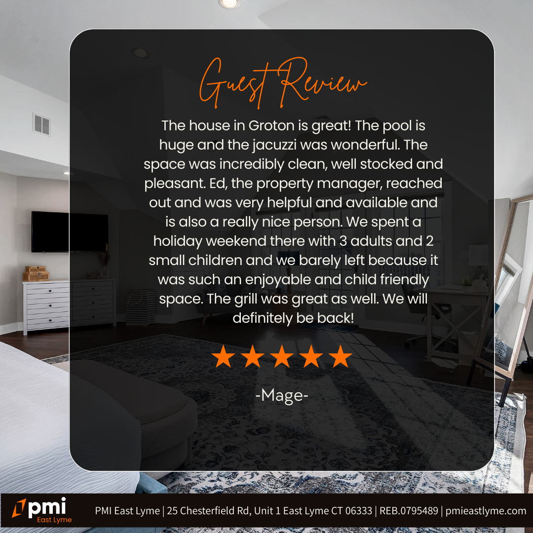 Guest review for a house in Groton, with a 5-star rating. Mentions a pool, jacuzzi, and helpful property manager.