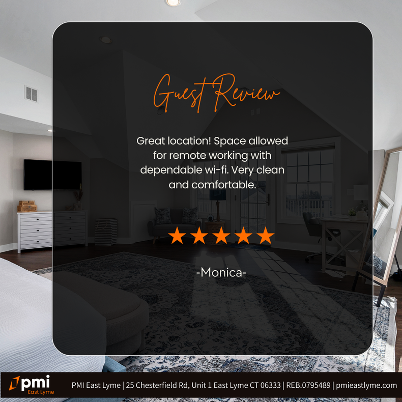 Guest review in bedroom: Great location, clean, comfortable, w/decent WiFi. 5-star rating by Monica.