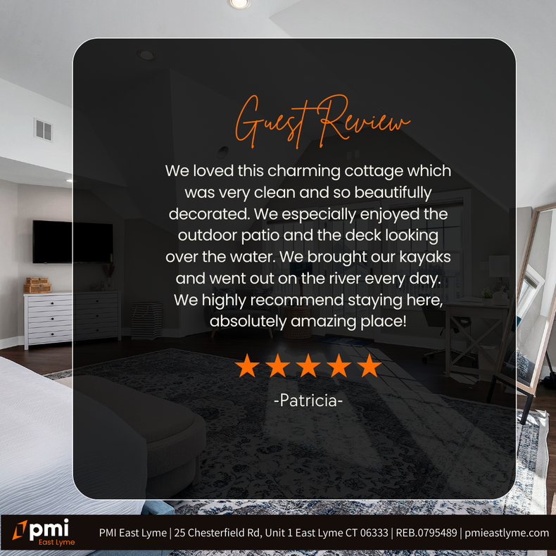 Guest review of a charming cottage: clean, beautifully decorated, with patio, deck, and kayaks. Five-star rating from Patricia.