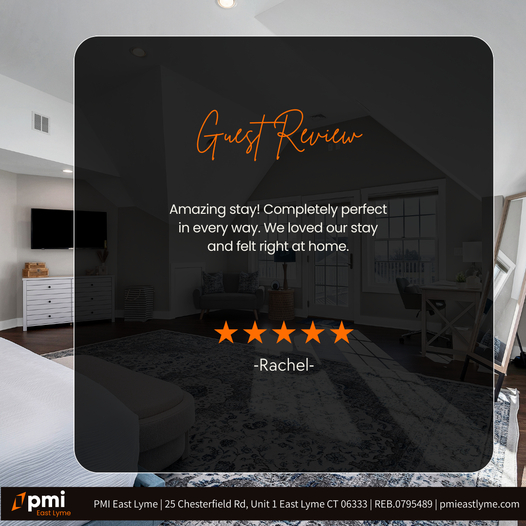 Guest review graphic with a bedroom photo: black background, orange text. A guest review says, 