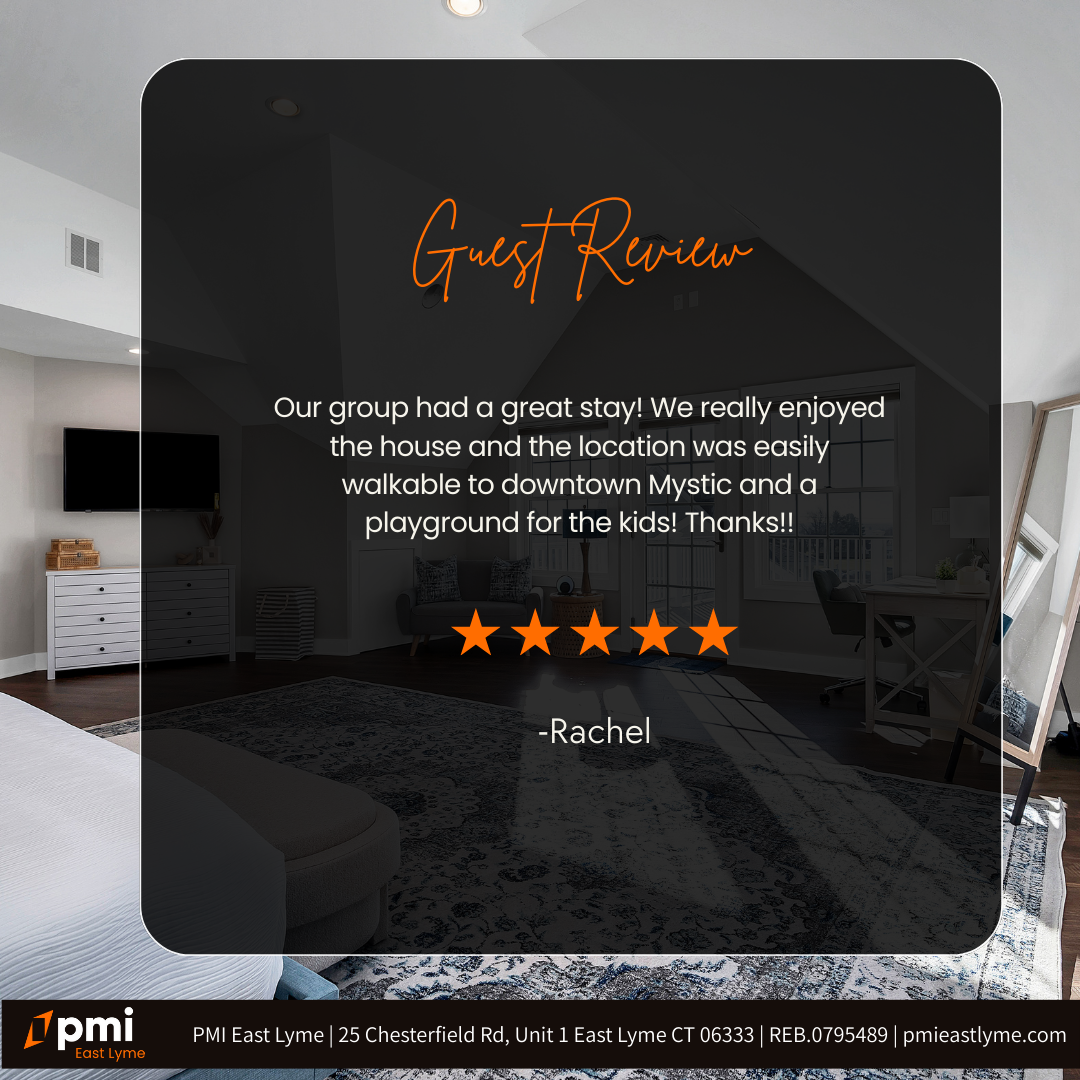 Guest review: Home interior with text overlay and five-star rating. Reviewer enjoyed the house and location in Mystic.