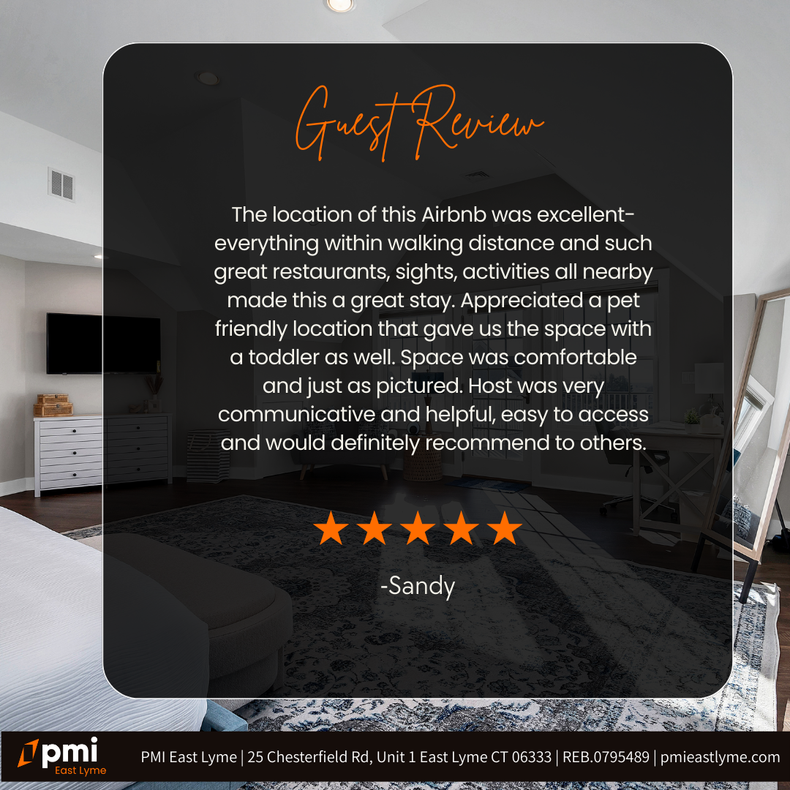 Guest review on Airbnb: a pet-friendly rental with excellent location, by Sandy; five-star rating.