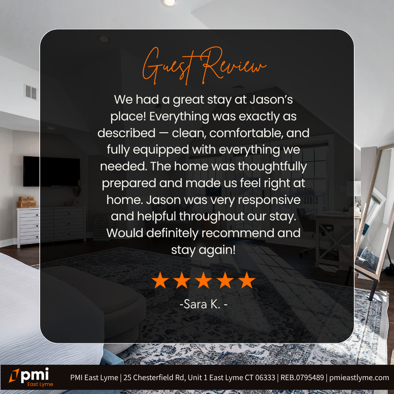 Guest review: bedroom with testimonial. Five-star rating, review by Sara K. Praises clean, comfortable stay and responsive host.