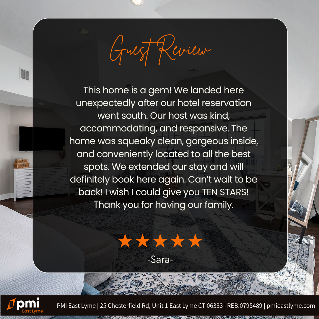 Guest review with five-star rating. Text on a home's stay experience with a clean and accommodating environment.