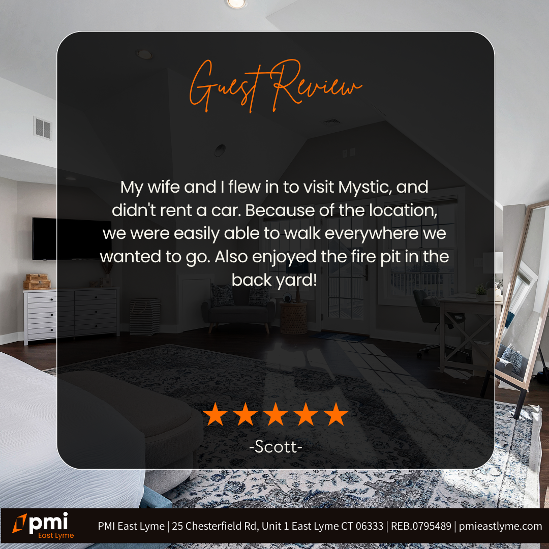 Guest review: Mystic vacation. Couple walked everywhere, enjoyed fire pit. Five-star review by Scott.