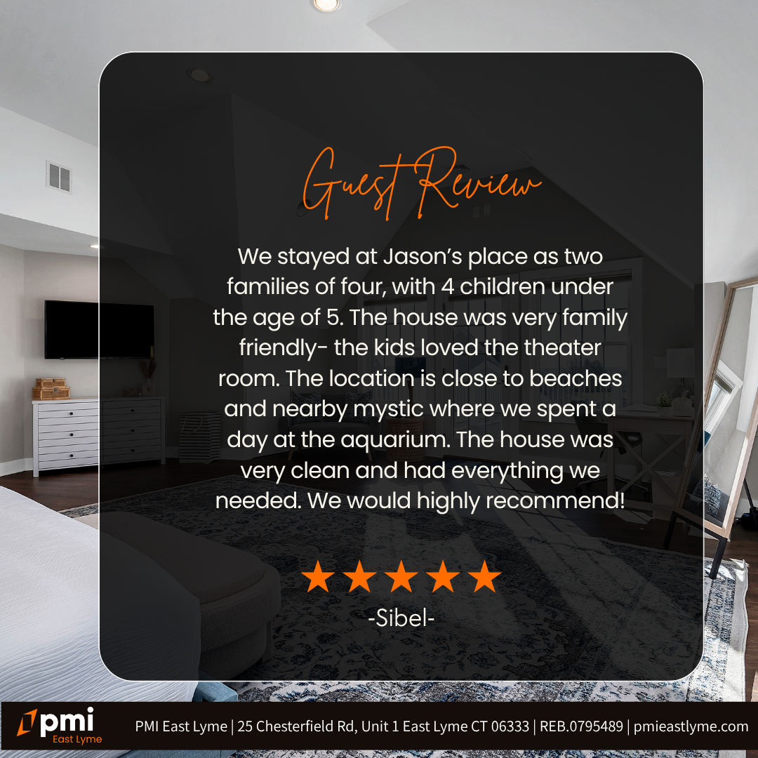 Guest review of a house: black background with orange text. The house is family friendly with theater room, close to beaches and aquarium.