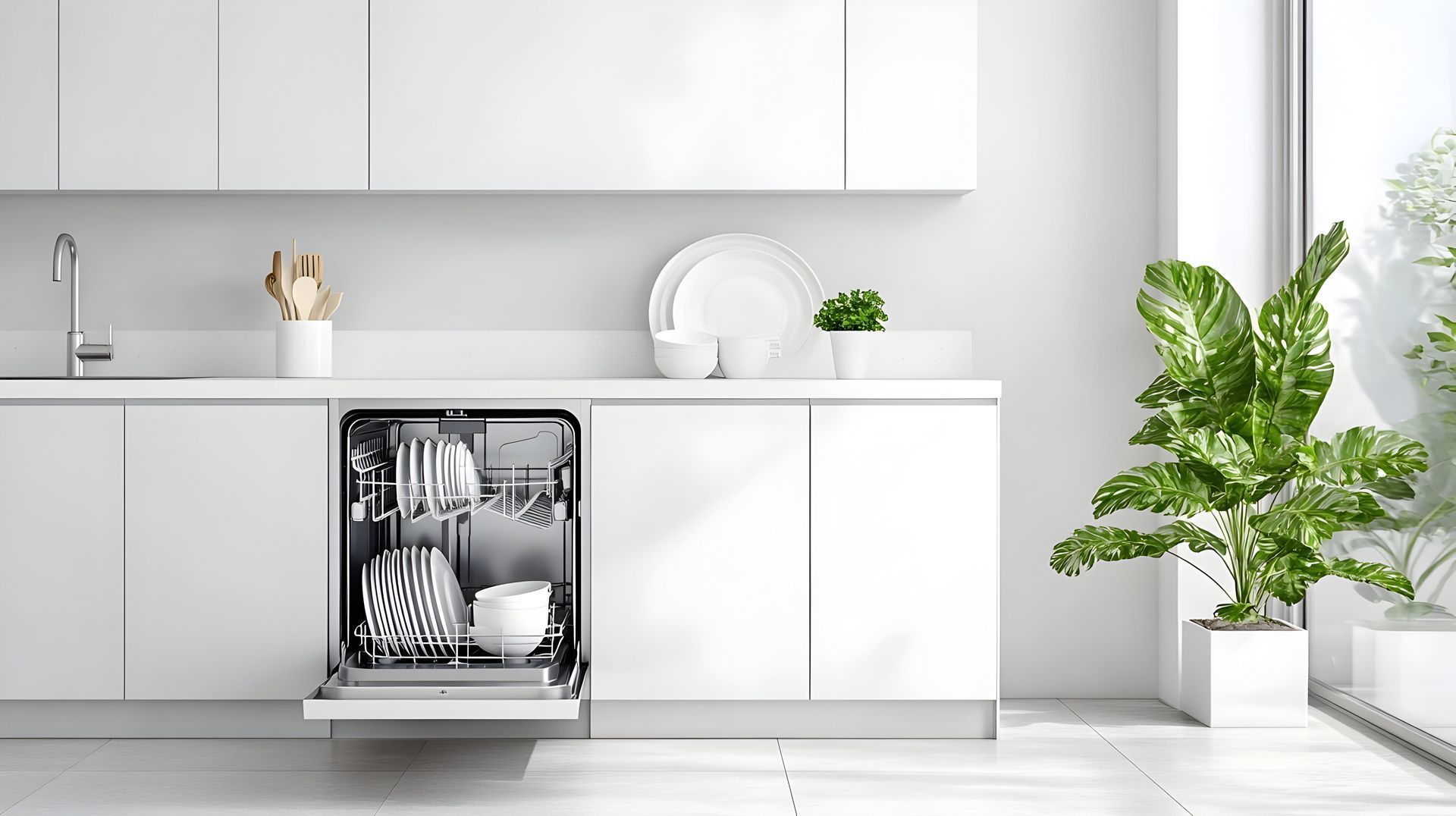 Lave-vaisselle ouvert dans une cuisine blanche moderne, chargé de vaisselle, à côté d'une fenêtre avec des plantes.