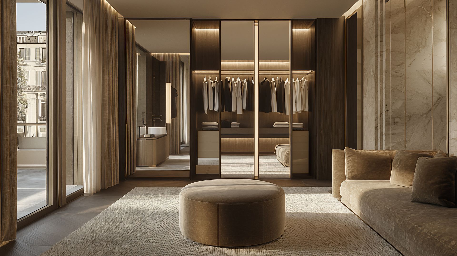 Dressing luxueux avec portes miroir, étagères intégrées et coin salon avec canapé et pouf. Tons doux et neutres.