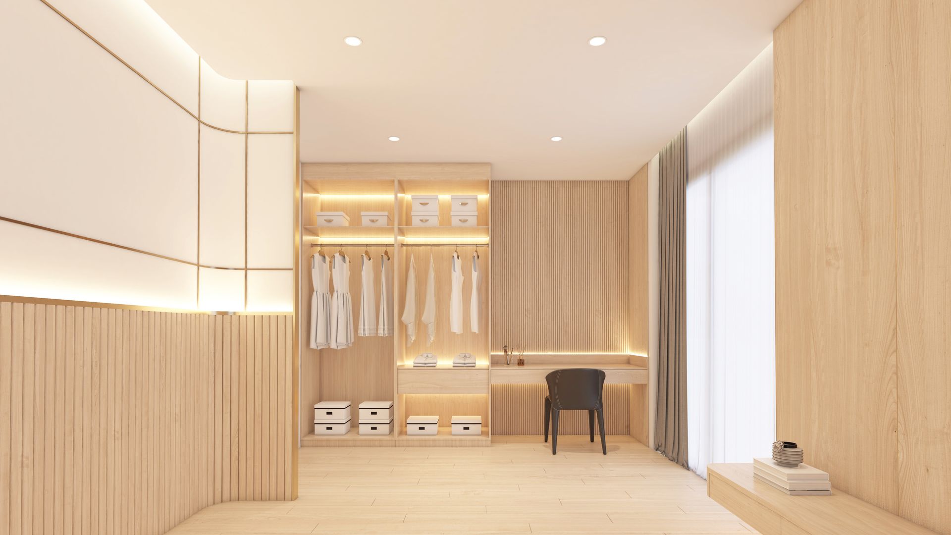 Dressing en bois avec bureau, penderie et étagères, baigné d'un éclairage doux.