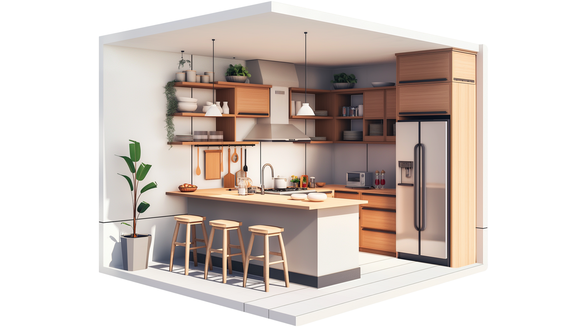 Cuisine moderne avec armoires en bois, îlot avec tabourets et électroménagers en acier inoxydable.