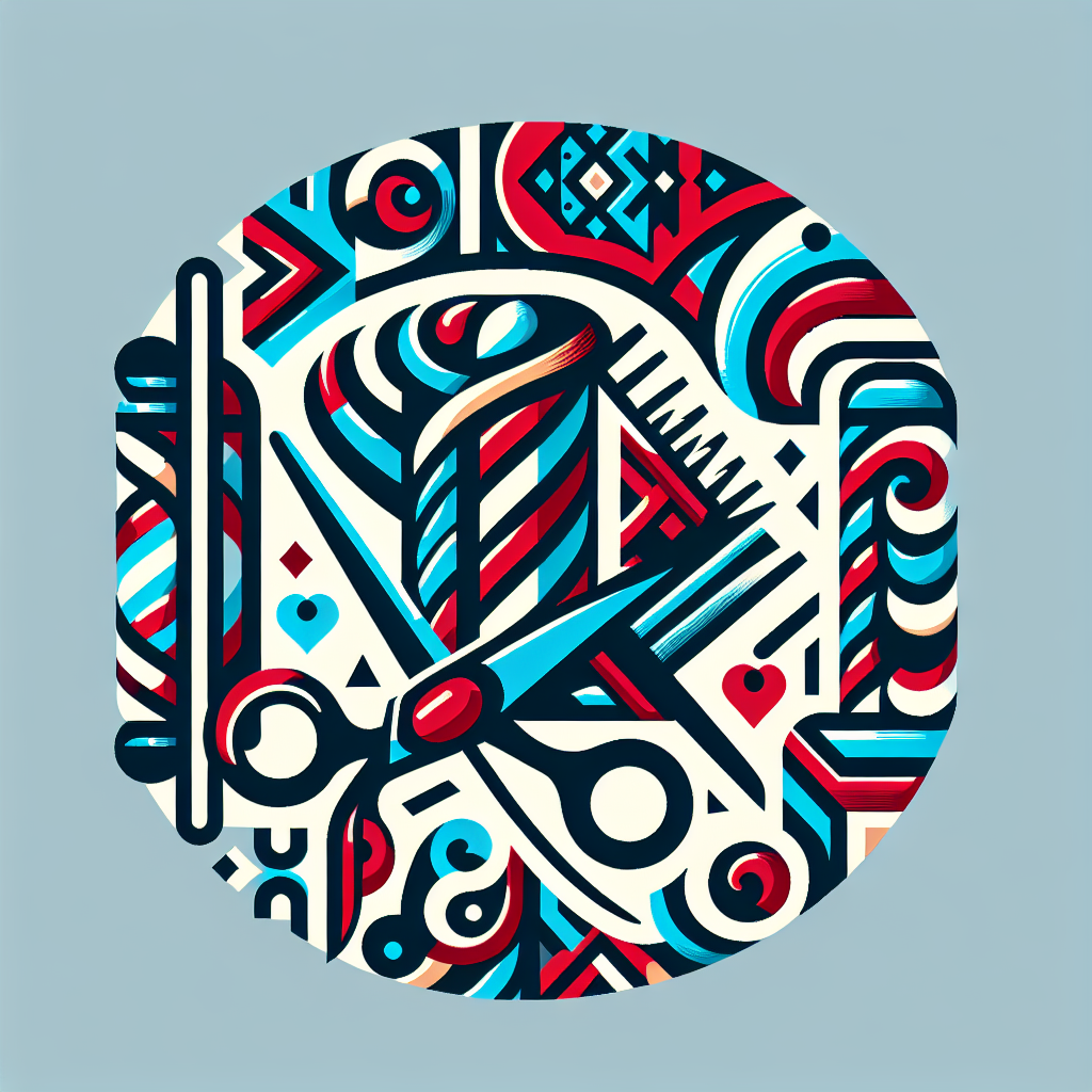 Emblema de barbería con tijeras, peine y poste de barbero en diseño circular; colores rojo, azul y crema.