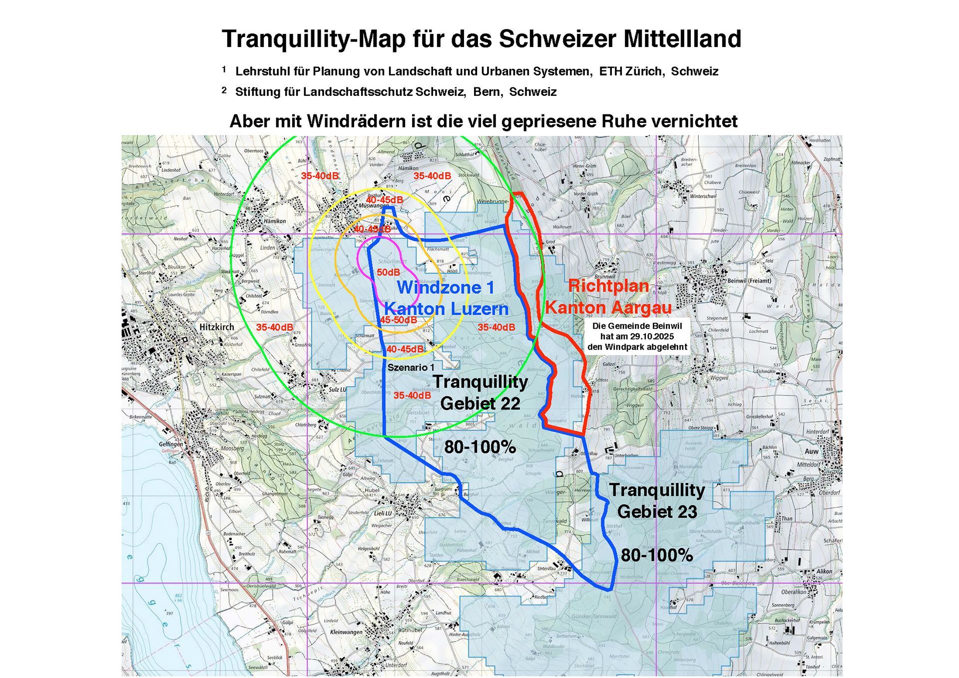 Tranquillity Map Windpark  Windenergie Lindenberg Gemeinde Hitzkirch Müswangen Hämikon Berg.
Tranquillity Gebiet 22 und 23 mit 80-100% Ruhe. Ein wuderbares  überregionales Naherholungsgebiet.