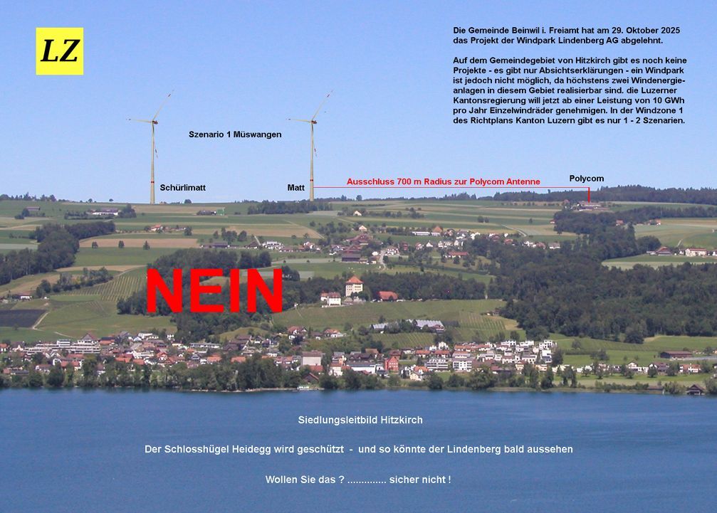Windpark Windenergie Lindenberg Gemeinde Hitzkirch Müswangen Kanton Luzern Idee Seetal. Hier sind höchstens noch 1 - 2 Windenergieanlagen möglich. Nationales Interesse ist ausgeschlossen.
