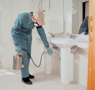 Un técnico con equipo de protección y una máscara utiliza un pulverizador portátil para aplicar el tratamiento debajo del lavabo del baño.
