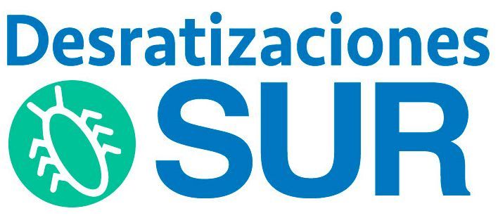 Logotipo para Desratizaciones Sur que presenta el texto en azul con un c&iacute;rculo verde que contiene un &iacute;cono de insecto blanco.