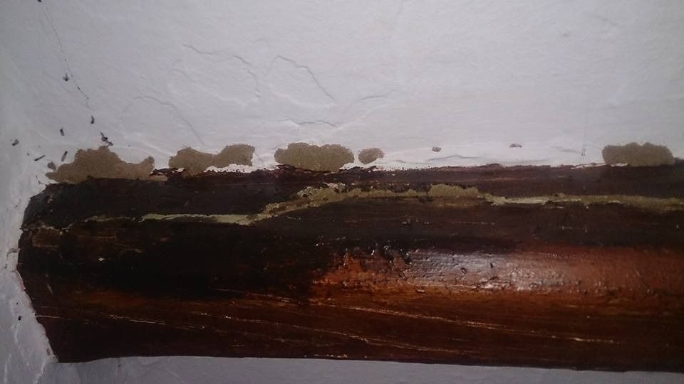 Moldura de madera marrón montada en una pared blanca, que muestra signos de daño, acabado descascarado y residuos secos a lo largo del borde superior.